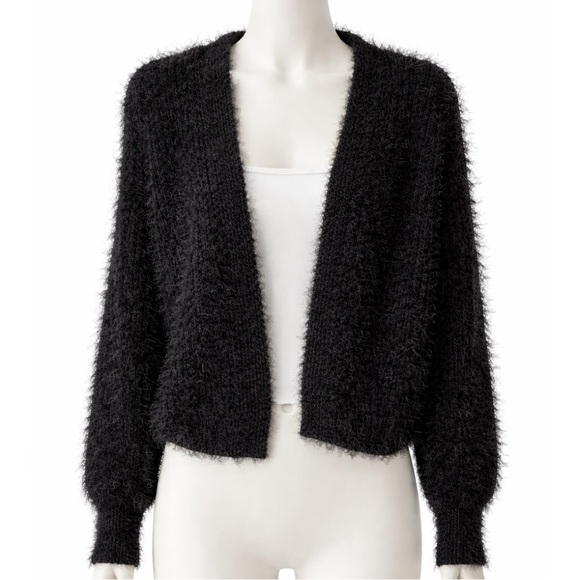 OAK + FORT Sweaters - OAK + FORT Fuzzy Black Open Front Cardigan